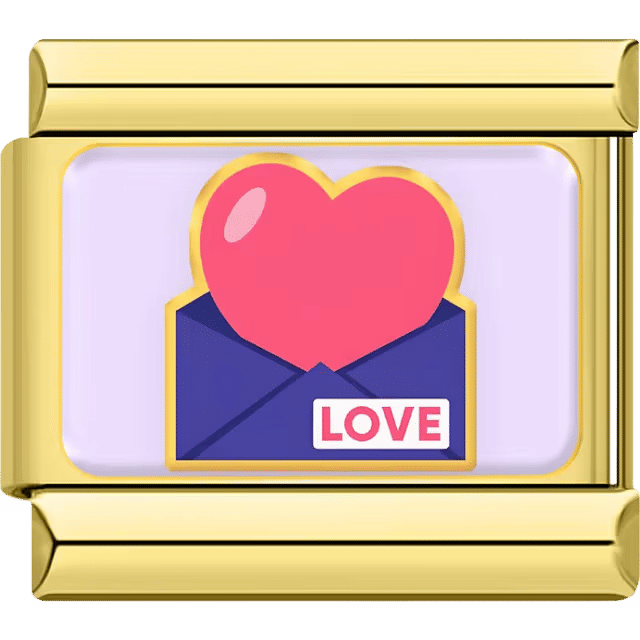 A gold Italian charm featuring a pink heart coming out of a blue envelope with the word “LOVE”.